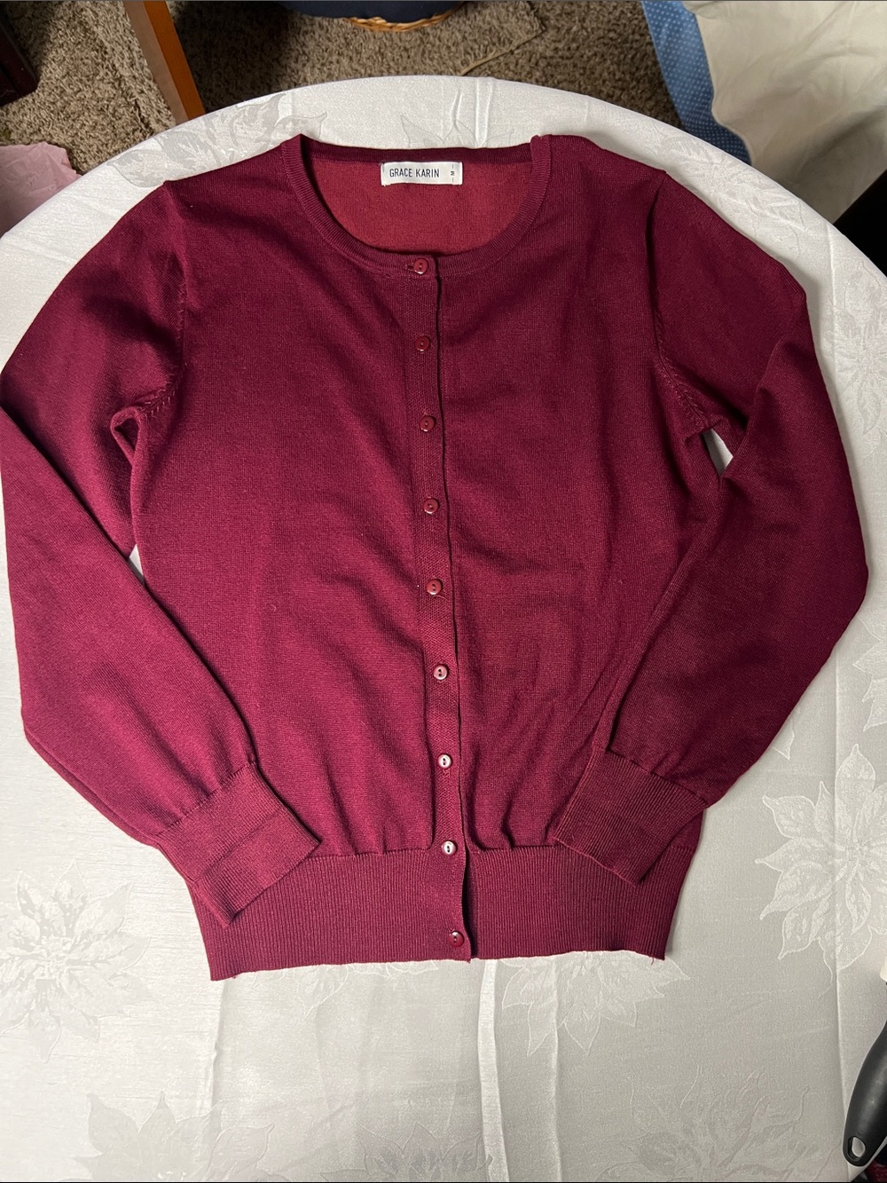 Grace Karin Wine Red Button-Front Crewneck Cardigan Classic Preppy office look